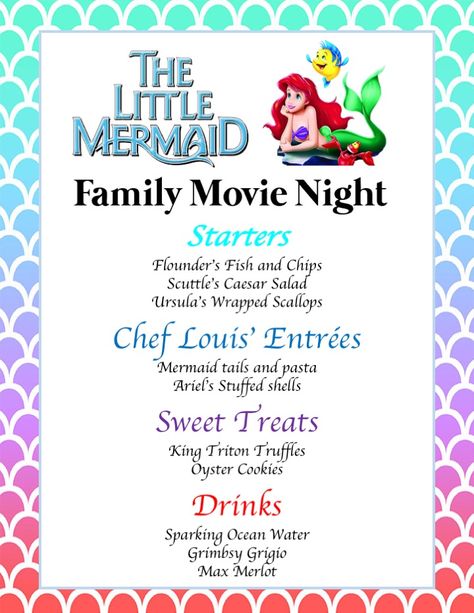 Little Mermaid  Movie Night  Disney Family Movie Night  Little Mermaid Food  Little Mermaid Menu Little Mermaid Movie Night, Mermaid Movie Night, Movie Night Disney, Disney Movie Themed Dinner, Themed Dinners Ideas, Family Movie Night Themes, Disney Movie Night Menu, Disney Themed Movie Night, Disney Movie Night Food