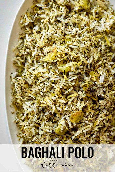 Baghali Polow is a Persian Dill Rice made with fava beans, broad beans, or lima beans. This recipe uses frozen lima beans and dried dill. Pasta In Air Fryer, Pasta In Oven, Iranian Breakfast, Persian Food Iranian Cuisine, Reheat Pasta, Dill Rice, Pasta Bread, Persian Rice, Cake Pizza