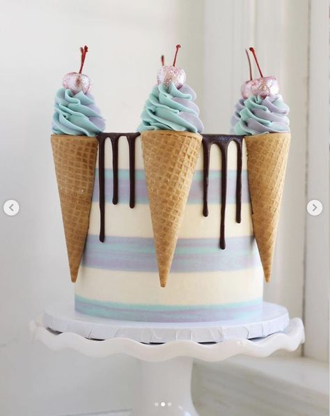 Birthday, Celebration, National Ice Cream Day, Striped, 2 Tone Stripes, Ice Cream Cones, Buttercream, Piping, Sparkly Cherries, Chocolate Drip - @sugarcoatesbakery Ice Cream Drip Cake, Ice Cream Cone Cakes Birthday, Ice Cream Cone Shaped Cake, Birthday Cake With Ice Cream Cone, Cake Shaped Like Ice Cream Cone, Birthday Cake With Ice Cream Cone On Top, Ice Cream Cone Cake, Ice Cream Decorations, Patterned Cake