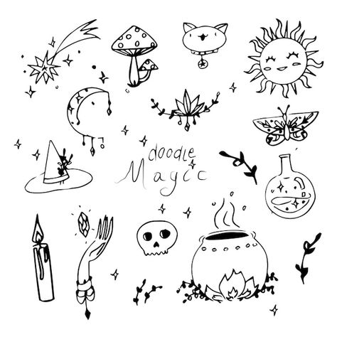 Magical doodle illustrations set of whit... | Premium Vector #Freepik #vector #business-doodle #illustrations #trending #hand-drawn-illustration Business Doodles, Witchy Doodles, Journal Headers, Magic Doodle, Doodle Illustrations, Bullet Journal Headers, Magic Drawing, Doodle Pages, Drawing Stuff