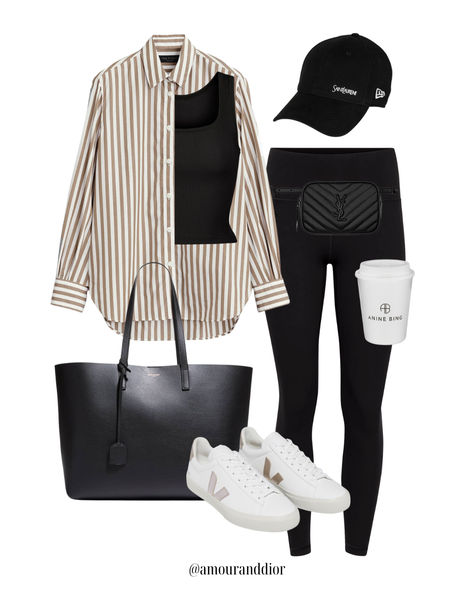 Everyday casual outfit 🖤 Active wear, weekend outfit, airport outfit, travel outfit, leggings, oversized button down, shopper tote, YSL, fleece, Veja, sneakers, off duty style, back to school, weekend ready, coffee run outfit, fall outfit Leggings And Oversized Button Up, Travel Outfit Leggings, Coffee Run Outfit, Matching Loungewear Set, Comfortable Travel Outfit, Perfect Travel Outfit, Outfit Airport, Air Port Outfit, Comfy Travel Outfit