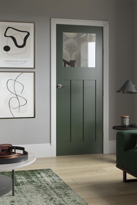 We love the new Howdens 1930s Glazed Door. This interior door comes pre-primed so that only a top-coat is required for a professional and lasting finish. Finish off the green door with brass door hardware / brass door handles for a traditional look. This glazed internal door is perfect for any home. Internal Door Paint Ideas, Internal Painted Doors Ideas, Olive Door Color, Doors Colors Interior Indoor, Interior Green Doors, Green Internal Doors, Green Indoor Doors, Green Interior Doors With White Trim, Coloured Internal Doors