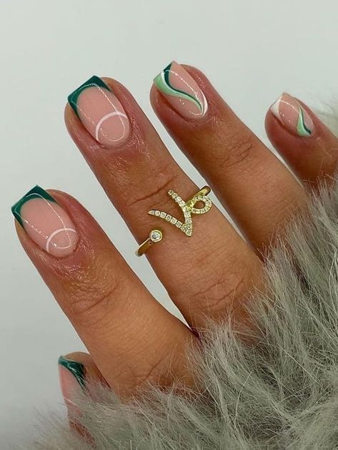 dark green french short nails with swirls Pink Earth, Do It Yourself Nails, Dark Green Nails, Green Acrylic Nails, St Patricks Day Nails, French Pink, Green Nail Designs, Work Nails, Cute Gel Nails