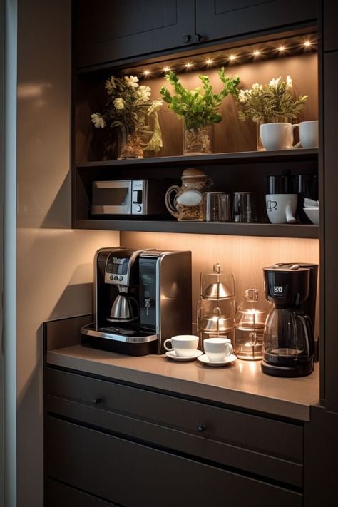 Coffee Bar Ideas Luxury, Small Coffee Bar Ideas Kitchen, Coffe Corners Ideas Modern Small, Coffee Bar Home Modern, Black Coffee Bar Ideas, Coffee Corner Modern, Coffee Station Ideas Small, Coffe Corners Design, Coffee Corner Ideas Modern