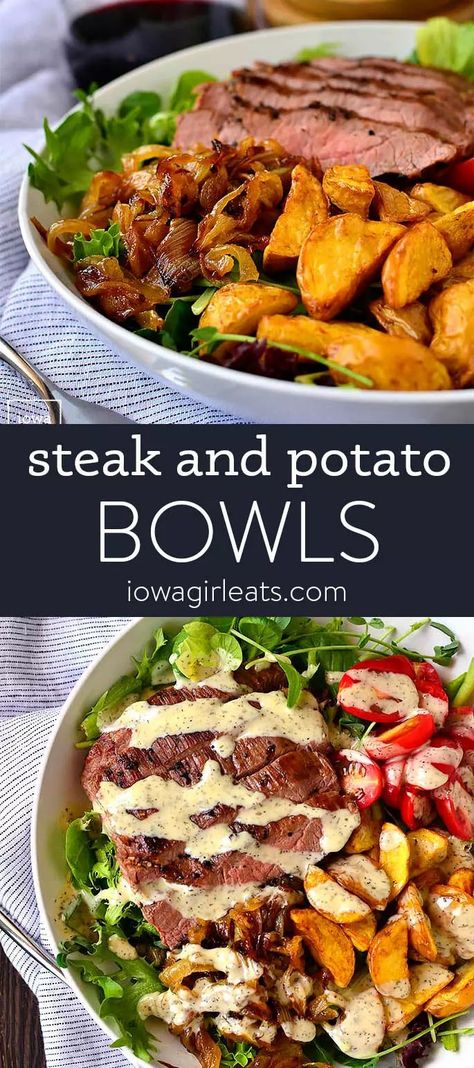 Steak and Potato Bowls are a healthy and hearty grilled gluten-free dinner recipe. Plus I'm sharing my favorite method for grilling juicy, tender steaks! iowagirleats.com keywords: summer recipes, steak recipes, grilling recipes, grilling ideas, grilling ideas for dinner Steak And Potato Bowl, Iowa Girl Eats Recipes, Healthy Grilled Meals, Summer Dinner Recipes Grill Healthy, Clean Eating Beef Recipes, What To Eat With Steak, Steak Healthy Recipes, Steak Recipes Healthy, Beef Grilling Recipes