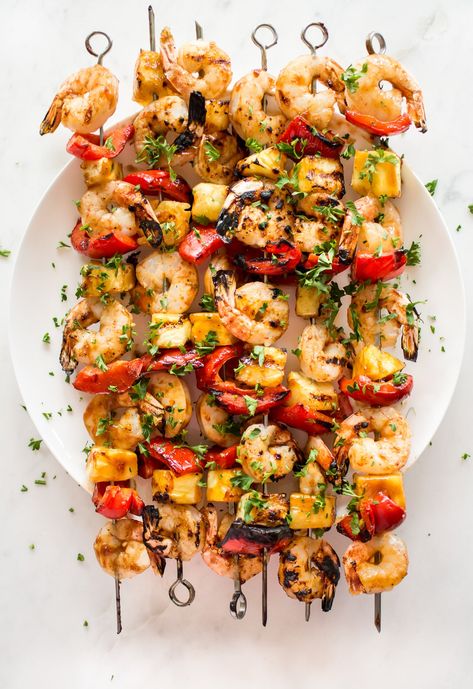 These grilled pineapple shrimp skewers are the perfect easy summer BBQ recipe! The sweet honey glaze, juicy shrimp, and red peppers make the best Hawaiian kabobs. Shrimp Squers Recipes, Hawaiian Kabobs, Hawaiian Shrimp, Shrimp Skewer Recipes, Pineapple Shrimp, Salt Lavender, Pineapple Recipe, Shrimp Kabobs, Grilled Shrimp Skewers