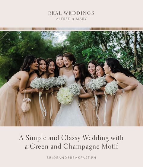 A Simple and Classy Wedding with a Green and Champagne Motif | https://brideandbreakfast.ph/2019/07/08/green-and-champagne-wedding/ Champagne Motif Wedding, White And Green Themed Wedding, All White Entourage, Minimalist Wedding Motif, Entourage Color Palette, Wedding Motif 2022, Wedding Motif 2023, Wedding Motif Ideas 2023, Entourage Gowns Bridesmaid