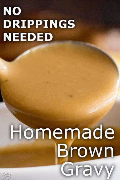 Learn how to make Homemade Brown Gravy from scratch. So easy, this gravy can be made without drippings as it is thickened with flour. The flavor comes from beef broth/stock whilst the rich texture comes from some butter and a splash of heavy cream. The perfect gravy for serving with your beef roast, pork chops or sausage and mashed potatoes. Gravy No Drippings, Brown Gravy From Scratch, Sausage And Mashed Potatoes, Pork Gravy Recipe, Homemade Beef Gravy, Easy Homemade Gravy, Easy Brown Gravy, Beef Gravy Recipe, Turkey Gravy Recipe Easy