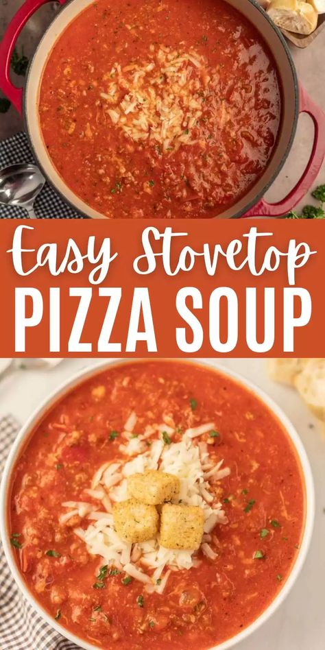 Pizza Soup Recipe - Eating on a Dime Tomato Based Soup, Stovetop Pizza, Pizza Soup Recipe, Quick Soup Recipes, Pizza Soup, Eating On A Dime, Simple Soup, Homemade Soup Recipe, Pizza Flavors