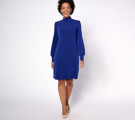 Look effortlessly elegant and carefree in this breezy mock-neck dress. Blouson sleeves add to the lightweight, airy feel of this frock. Pair with classic pumps to complete the outfit. From Susan Graver.    Original item is A623506. This product may be a customer return, vendor sample, or on-air display and is not in its originally manufactured condition. It may not be new. In some instances, these items are repackaged by QVC. Blouson Sleeve, Mock Neck Dress, Susan Graver, Classic Pumps, Mock Neck, Dress Skirt, Neck Dress, Fashion Dresses, Pumps