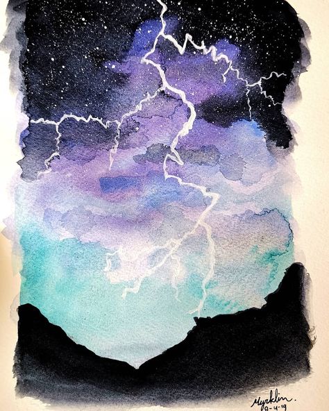 Lightning . . . . . #myart #aquarell #watercolour #watercolor #art #lightning #thunder #Storm #purple #blue #black #stars #sky #fairytail… Watercolor Lightning Storm, Lightning Watercolor Painting, Lightning Art Paintings, Thunder Storm Drawing, Thunderstorm Watercolor, Lightning Art Drawing, Nhs Art, Watercolor Lightning, Thunder Painting