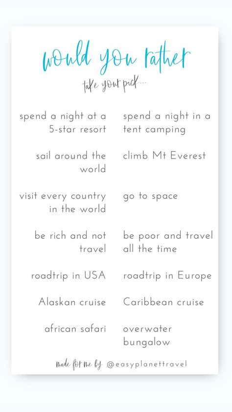 Travel Template, Would You Rather Game, Rather Questions, Instagram Story Questions, Instagram Storie, Would You Rather Questions, Conversation Topics, Question Game, Fun Sleepover Ideas