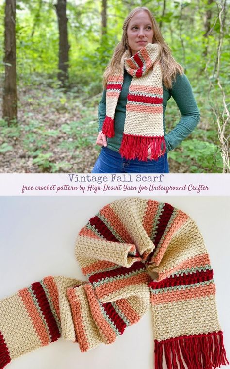 Free #crochet pattern: Vintage Fall Scarf in Paintbox Yarns Simply Chunky by High Desert Yarn for Underground Crafter | This nostalgic scarf evokes a 1960s look with modern colors.  #undergroundcrafter #highdesertyarn #paintboxyarns #stripedscarfcrochetpattern Crochet Fall Scarf, Crochet Striped Scarf, Crochet Stripe Scarf, Crocheted Scarfs, Crochet Pattern Vintage, Fall Scarf, Fall Crochet, Crochet Scarf Pattern Free, 9 September