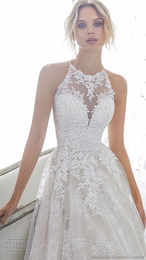 morilee 2018 bridal sleeveless halter jewel neck heavily embellished bodice elegant a line wedding dress sheer lace back chapel train (7) mv zv -- Morilee by Madeline Gardner AF Couture 2018 Wedding Dresses Long White Wedding Dress, Neck Wedding Dress, Sheer Wedding Dress, White Bride, White Wedding Dress, Backless Wedding, A Wedding Dress, Luxury Wedding Dress, Beauty Dress