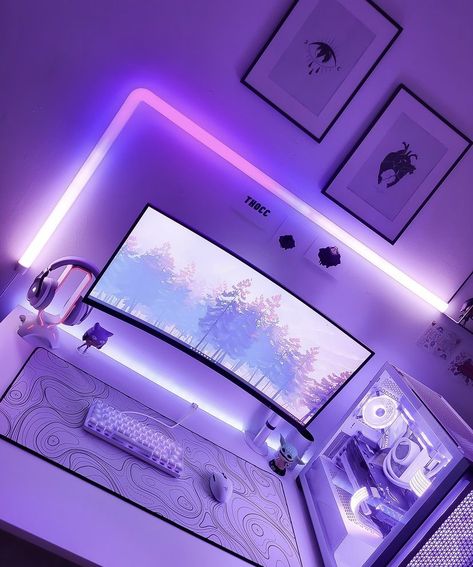 Gamer Room Design, Gaming Studio, Games Room Inspiration, Dream Setup, Bedroom Gaming, Gaming Aesthetic, Gaming Rooms, Purple Games, Gaming Desk Setup