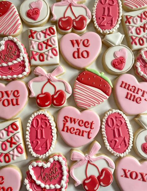 Cherry Wedding Cookies, Pink And Red Cookies, Valentines Theme Party For Kids, Sweetheart Party Theme, Galentines Party Cookies, Hens Party Cookies, Valentines Party Decor Ideas, Valentines Day Themed Food, Valentine’s Day Engagement Party