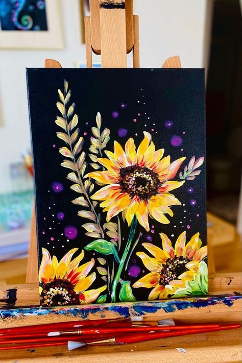 Sunflower Sip And Paint, Late Summer Painting Ideas, Sunflower On Black Canvas, Fall Sunflower Painting, Paint Night Inspiration, Sunflower Painting Ideas On Canvas, Grandma Painting Ideas, Painting Ideas On Canvas Sunflower, Diy Sunflower Painting