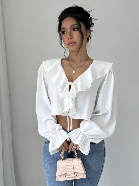 Women's Solid Color Ruffle Trim French Blouse, Autumn White Casual  Extra-Long Sleeve Woven Fabric Plain Top Non-Stretch  Women Clothing, size features are:Bust: ,Length: ,Sleeve Length: French Blouse, Extra Long Sleeves, Plain Tops, Elegant Dresses Long, Women Midi, Kids Sleepwear, White Casual, Womens Midi Dresses, Elegant Dress