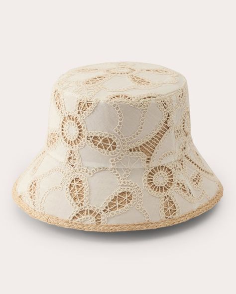 Lizette Embroidered Bucket Hat Embroidered Crochet, Embroidered Bucket Hat, Helen Kaminski, Crochet Overlay, Crocheted Flower, Large Hobo Bag, Flower Motifs, Shades Of Beige, Small Shoulder Bag