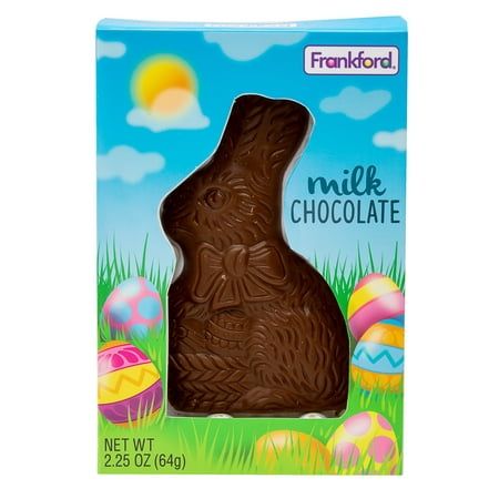 Frankford Easter Solid Milk Chocolate Molded Bunny 1 count is 2.25 oz of delicious creamy milk chocolate. Each bunny has intricate details and comes in a decorative Easter themed box. This classic Easter gift makes a great Easter basket stuffer or prize for the annual egg hunt. Brought to you by Frankford Candy Color: Multicolor. Colorful Box, Popular Candy, Easter Designs, Chocolate Rabbit, Corporate Holiday Gifts, Nutter Butter Cookies, Giant Candy, Sugar Free Candy, Chocolate Easter Bunny