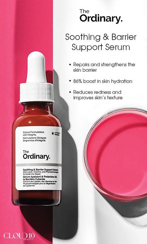 Strengthen and hydrate your skin with The Ordinary Soothing & Barrier Support serum that reduces redness and leaves your skin with a smoother, more even texture. This multi-active serum is designed to target barrier support and the appearance of irritated skin. Ideal for all skin types. #CLOUD10BEAUTY Ordinary Barrier Serum, The Ordinary Soothing Barrier, Ordinary Photography, Soothing Face Mask, Good Dye Young, Dream Makeup, The Ordinary Skincare, Hair Oil Serum, Facial Peel