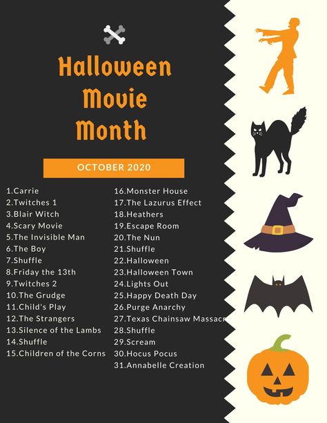 My roomies and I made the perfect Halloween Movie Month list! Blair Witch, The Grudge, Monster House, Halloween Movie, Invisible Man, Halloween Movies, Escape Room, Halloween Town, Scary Movies