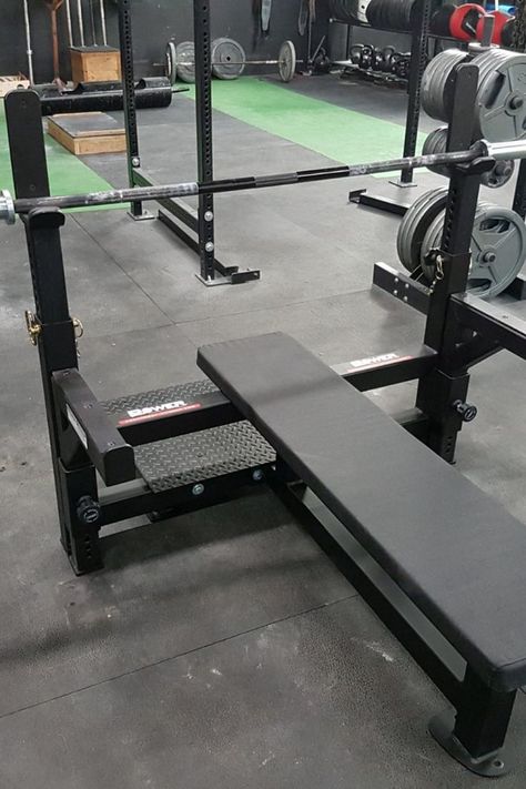 Our Competition Bench Press with Safety is constructed with heavy commercial grade 7 gauge steel to ensure durability and maximum functionality. The spotter platform provides safety and encourages users to push themselves harder. Upright bar holders allow for easy re-racking of bars and performance of squats, bench press, tricep extensions, and bentover rows Flat Bench Press, Home Gym Bench, Tricep Extensions, Tricep Extension, Grade 7, Squat Rack, Bench Press, Powerlifting, Home Gym