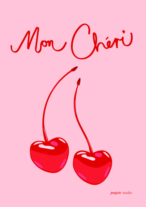 This is a poster with a light pink background with the words mon cheri in red custom cursive font underneath two large shiny illustrated maraschino cherries that are large and in the center, in the right hand corner the logo for projects studio is there in red to match the colour scheme. Cherries Illustration, Cherry Poster, Maraschino Cherries, Pink Posters, Picture Collage Wall, Download Wall Art, Mon Cheri, Cherry Print, Red Colour