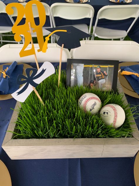 Sports Hall Of Fame Party Ideas, Graduation Open House Centerpieces, Tennis Graduation Party Ideas, Grad Party Table Decorations Graduation Centerpiece, Boys Graduation Centerpiece Ideas, High School Graduation Centerpieces Boys, Baseball Senior Table Ideas, Project Graduation Ideas, Baseball Signing Day Table