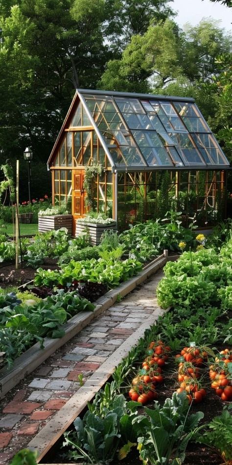 Luxury Vegetable Garden, Produce Garden Aesthetic, Pretty Veggie Garden, Fruit And Vegetables Garden, Cottage Vegetable Garden Aesthetic, Green House Garden Ideas, Big Backyard Garden, Garden Asthetic Picture, Greenhouse Garden Ideas