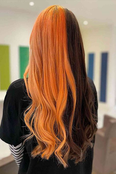 Halloween-Inspired Split Hair Dye Different Split Dyes, Long Split Dyed Hair, Halloween Inspired Hair Color, Split Dye Orange, Brown And Black Split Dye, Split Dye Ideas, Ginger Split Dye, Split Hair Dye Ideas, Halloween Hair Dye