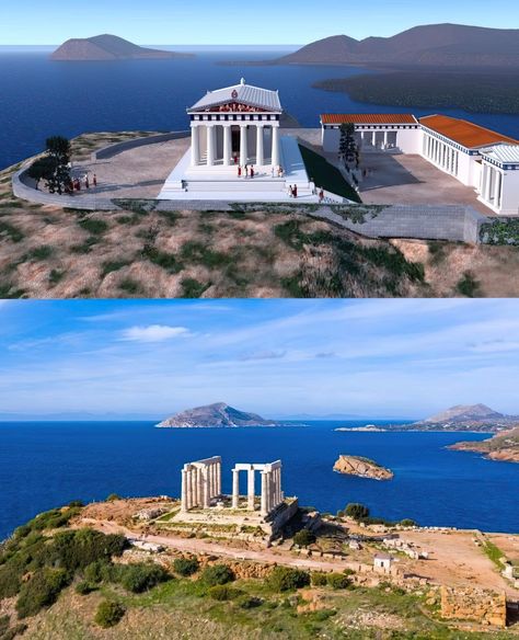 The Temple of Poseidon was built between 444 and 440 BC. Sailors and mariners believed that storms resulted from Poseidon's wrath, and the temple served as a palace where they hoped to appease Poseidon. Hellenic Heroes #hellas #ancientgreece #greekhistory #greekmythology Temple Of Poseidon, Ithaca Greece, Rome History, Architecture Antique, Hellenistic Period, Greek Temple, Then Vs Now, Empire Romain, Grece Antique