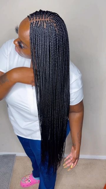 Box Braids Hairstyles Small Long, Single Box Braids Small, Small Box Braids With Knots, Small Waist Length Box Braids, Small Box Braids Black Women, Extra Small Box Braids Long, Regular Box Braids Small, Small Box Braids Hairstyles For Black Women, Black Small Box Braids