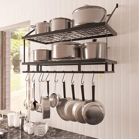 Cookware is cumbersome and difficult to store, so installing a system is essential for an efficient kitchen. Let's look at these Pots and Pans Organizer solutions. Here are 19 items for both cabinets and drawers. Idea Dapur, Reka Bentuk Dapur, Pot And Pans Organization, Kitchen Wall Storage, Pan Storage, Kitchen Wall Shelves, Kitchen Pans, Pot Rack Hanging, Kabinet Dapur