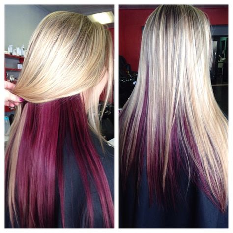 #purplepeekaboos #paulmitchell #blonde Blonde And Burgandy Hair, Hairdo Ideas, Two Tone Hair, Mom Hair, Hair Color Underneath, Peekaboo Hair, Hair Color Streaks, Hair Color Burgundy, Red Highlights