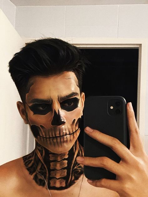 Men Skeleton Makeup, Men’s Halloween Makeup, Skeleton Makeup Men, Skull Makeup Men, Man Skull Makeup, Guys Halloween Makeup, Halloween Makeup Skull, Skeleton Face Makeup, Mens Halloween Makeup