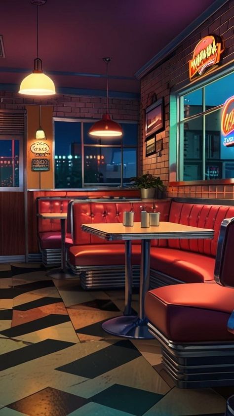 Diners In The 80s, 1960s Diner Aesthetic, 90s Restaurant Aesthetic, 50’s Diner, Wallpapers Vintage Retro 1950s, 70s Breakfast, Retro Diner Aesthetic, Retro Restaurant Design, Diner Illustration