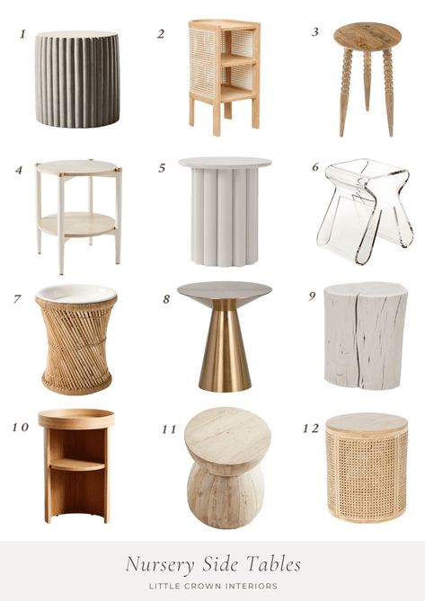 Small accent tables perfect for the nursery or for a little bedside table. The fluted options are modern but so versatile! My Favorite Side Tables for the Nursery - Little Crown Interiors Nursery Glider Side Table, Wood Drum Side Table, Modern Wooden End Table, Small Nursery Side Table, Nursery Rocker And Side Table, Nursery Side Tables, Nursery Side Table With Storage, Nursery Glider And Side Table, Nursery Accent Table