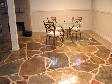 Faux Flagstone, Stained Concrete Flooring, Basement Flooring Options, Front Porch Concrete, Acid Stained Concrete, Painted Front Porches, Concrete Flooring, Acid Stain, Concrete Stained Floors