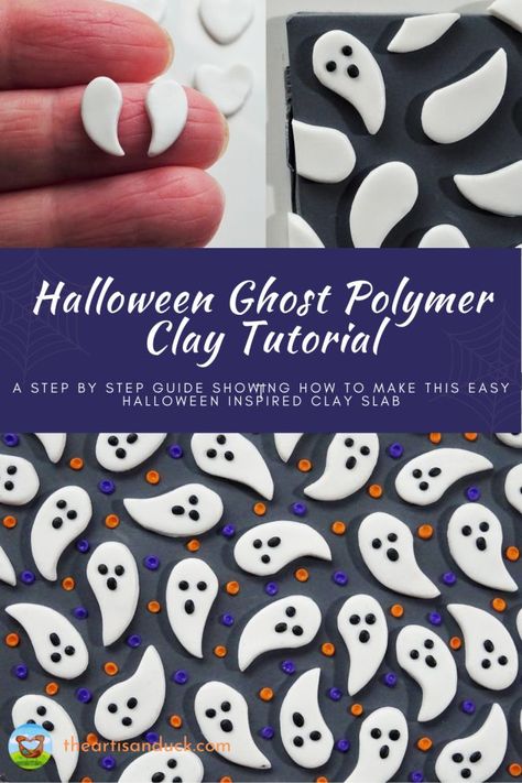 Get into the spooky season with this cute and easy ghost polymer clay tutorial. Make into fun jewellery to wear all Halloween long. Polymer Clay Ghost Earrings Tutorial, Polymer Clay Halloween Tutorial, Modeling Clay Earrings Diy, Halloween Polymer Clay Ideas Easy, Polymer Clay Halloween Jewelry, Clay Slabs Designs Easy, Halloween Polymer Clay Earrings Ideas, Ghost Earrings Polymer Clay, Easy Clay Earrings Diy