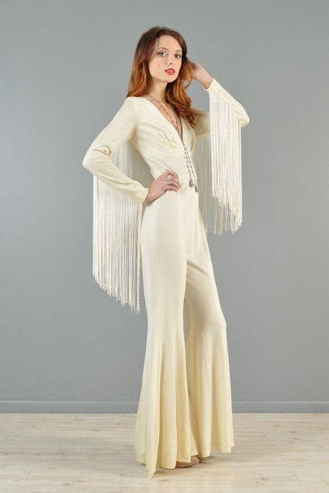 70s Western Fashion, 70s Party Outfit, Dress 70s Style, Fringe Jumpsuit, 70s Wedding Dress, 70s Glamour, Bell Bottom Jumpsuits, 70s Glam, Outfits 70s