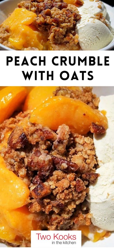 This easy and popular peach crumble with oats is versatile and classic served warm with a scoop of ice cream. Sweet juicy peaches topped with a buttery, cinnamon-y, nutty topping – a delicious taste of summer. Peach Crumble Pie, Peach Delight, Peach Oatmeal, Oat Crumble Topping, Scoop Of Ice Cream, Peach Crumble, Fruit Crumble, Baked Peach, Oat Crumble