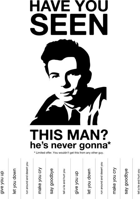 Analogue Rickroll Poster | Print it. Stick it up. Share Rick… | Flickr Funny Tear Off Flyers, Tear Off Poster, Rick Roll, Student Council Campaign, 80s Party Decorations, 80s Birthday Parties, Rick Rolled, 80's Party, 80s Theme Party