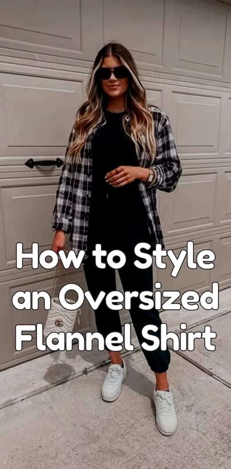 How to Style an Oversized Flannel Shirt (25 Ideas) How To Style Flannel Shirt, Plaid Flannel Shirt Outfit, Flannel Shirt Outfit Women, How To Wear A Flannel Shirt, Oversized Flannel Outfits, Boyfriend Shirt Outfits, Flannel And Leggings, Cute Flannel Outfits, Flannel Shirt Refashion