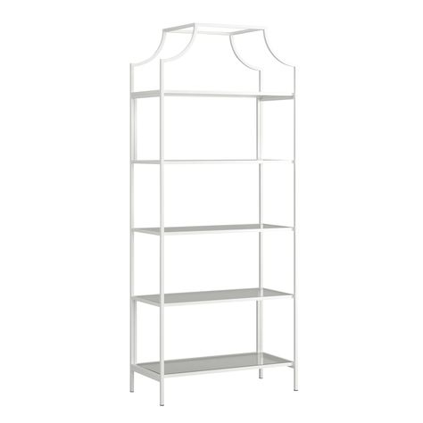 PRICES MAY VARY. Open shelving for storage and display of books, binders, framed photos, collectibles, and more Safety-tempered glass shelves for added detail Metal construction for long lasting durability White finish Metal, Glass Assembled Dimensions: L: 30.0"x W: 14.49"x H: 70.87" 5 year limited warranty Assembly required Accent book case Arch Bookshelf, Art Deco Shelf, Unique Bookcase, White Arch, Glass Bookcase, Bookcase White, Display Bookcase, Tall Bookcase, Bookcase Styling