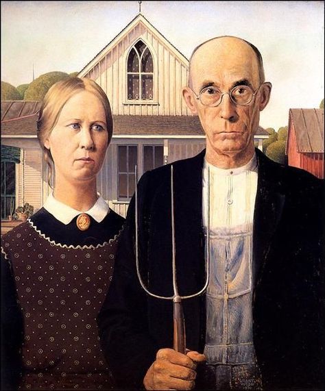 American Gothic is considered one of the most recognizable paintings in history, but few people know the profession of the stern looking guy posing with the pitchfork. Grant Wood Paintings, American Gothic Painting, American Gothic Parody, Grant Wood American Gothic, Tableaux Vivants, Social Realism, Famous Portraits, Grant Wood, American Gothic