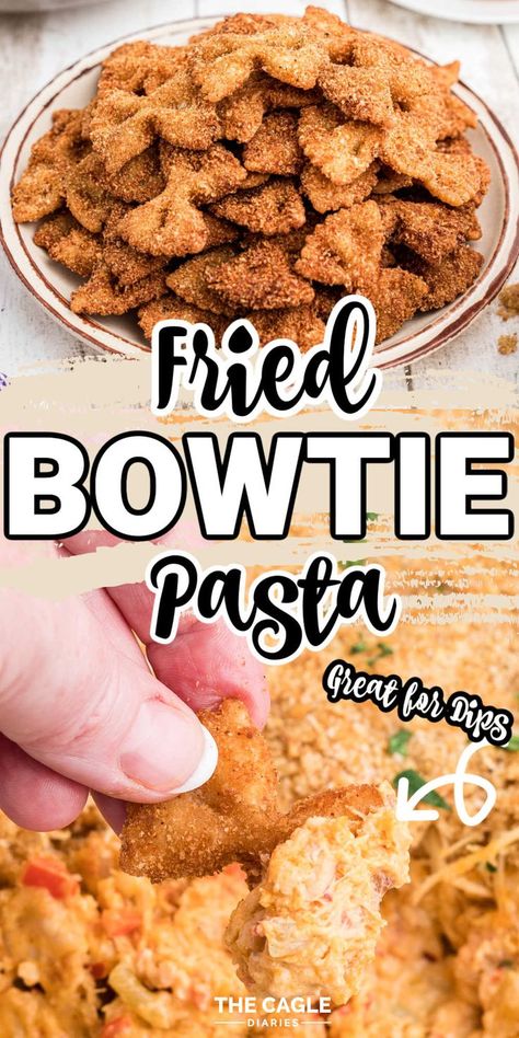 Fried Bowtie Pasta Air Fryer, Deep Fried Pasta Chips, Fried Pasta Recipes, Elegant Appetizers For Party Small Bites, Fried Bowtie Pasta, Fried Pasta Chips, Bowtie Pasta Recipes, Bow Tie Pasta Recipes, Pasta Chips Recipe