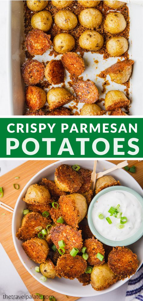 crispy parmesan potatoes Parmesan Potato Recipe, Crispy Parmesan Potatoes, Parmesan Crusted Potatoes, Potato Snack, Parmesan Potato, Garlic Parmesan Potatoes, Potato Appetizers, Parmesan Roasted Potatoes, Potato Side Dish