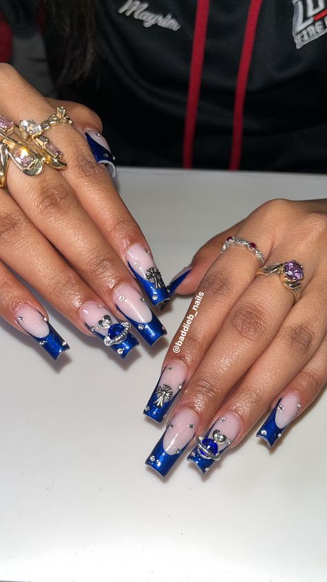 French tips nails. Blue chrome nails. Long nails. Blue nails Royal Blue Nails French Tips, Blue Chrome French Nails, Royal Blue French Tips, Dark Blue French Tips, Blue Chrome French Tip Nails, Dark Blue French Tip Nails, Royal Blue French Tip Nails, French Nails Square, Chrome Pink Nails