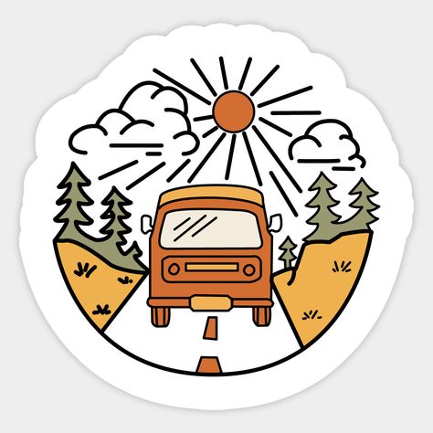 Camping T-Shirt. Great gift idea for campers. With a vintage, retro themed design that's taken inspiration from 60's and 70's fashion, this tee will remain stylish for many years to come. -- Choose from our vast selection of stickers to match with your favorite design to make the perfect customized sticker/decal. Perfect to put on water bottles, laptops, hard hats, and car windows. Everything from favorite TV show stickers to funny stickers. For men, women, boys, and girls. Mountain Branding, Adventure Stickers, Giveaway Ideas, Retro Bus, Forest Designs, Fall Stickers, Adventure Design, Retro Campers, Design Stickers